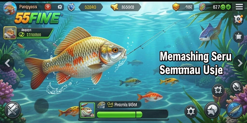 Screenshot gameplay 55FIVE yang menunjukkan aksi memancing yang seru.