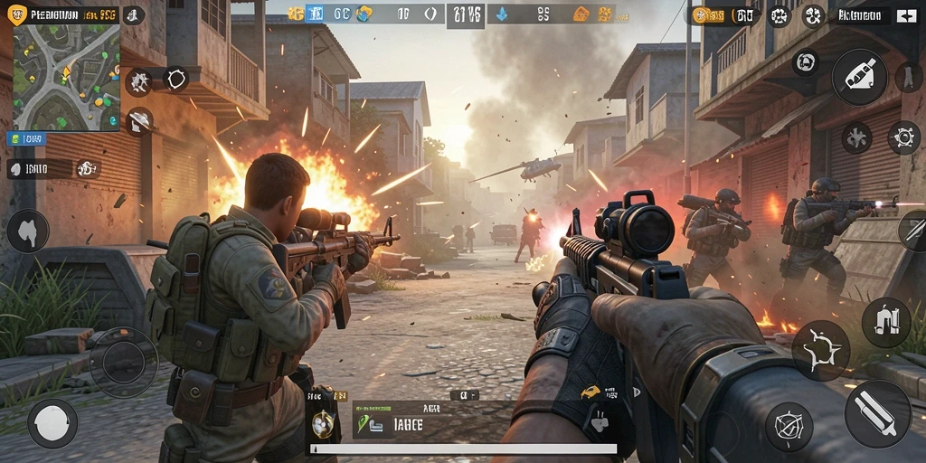 Screenshot gameplay FPS 6CF menampilkan aksi intens di medan perang.