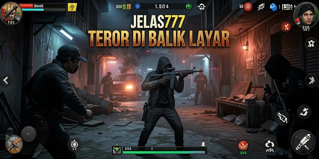 Screenshot utama JELAS777 menampilkan gameplay menyeramkan dan atmosfer kelam.