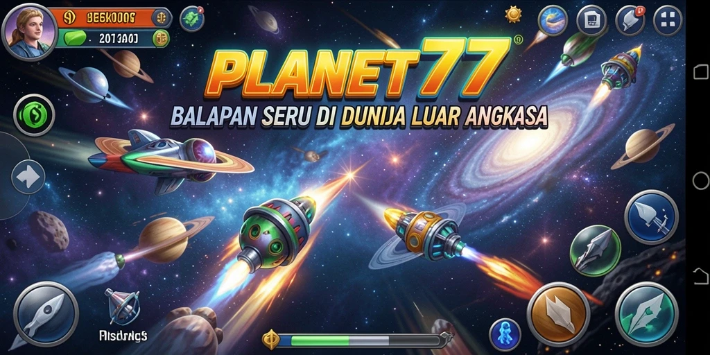 Screenshot gameplay PLANET77 dengan aksi balapan luar angkasa yang seru.