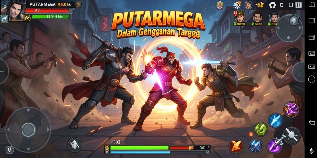 Screenshot PUTARMEGA menampilkan aksi pertarungan seru dengan karakter unik.