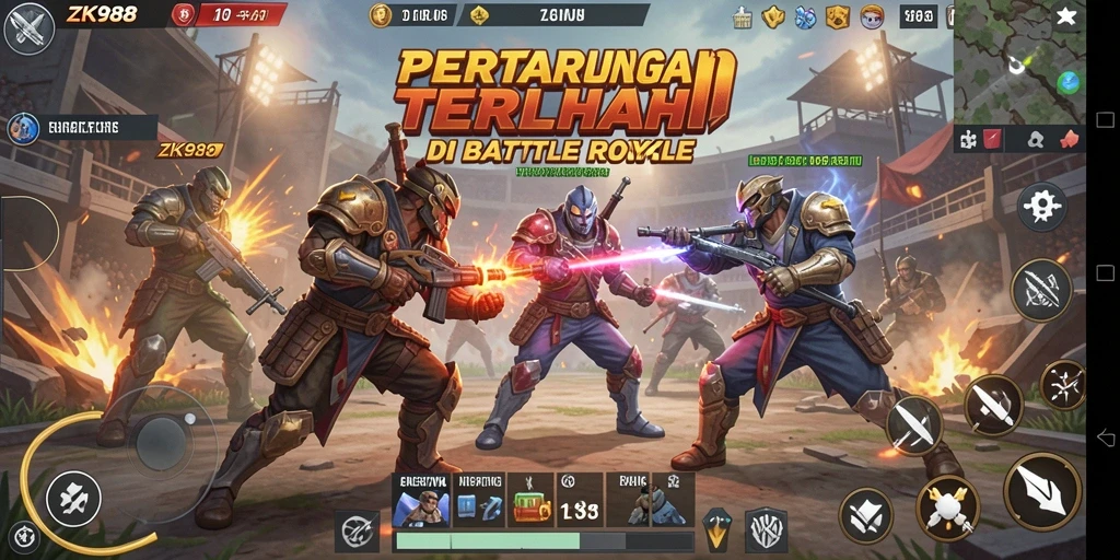 Tangkapan layar utama ZK988 menampilkan aksi pertarungan intens Battle Royale.